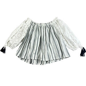 Sundance Quiet Allure Eyelet Blouse Women's S White Striped Off Shoulder Tassel